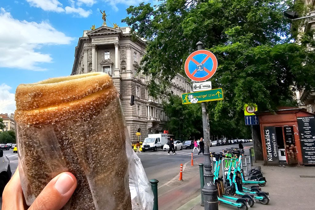 Chimney cake and the stand to buy it on Andrassy Avenue in Budapest