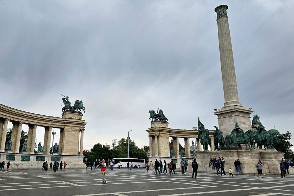 people standing on Heroes' Square in Budapest