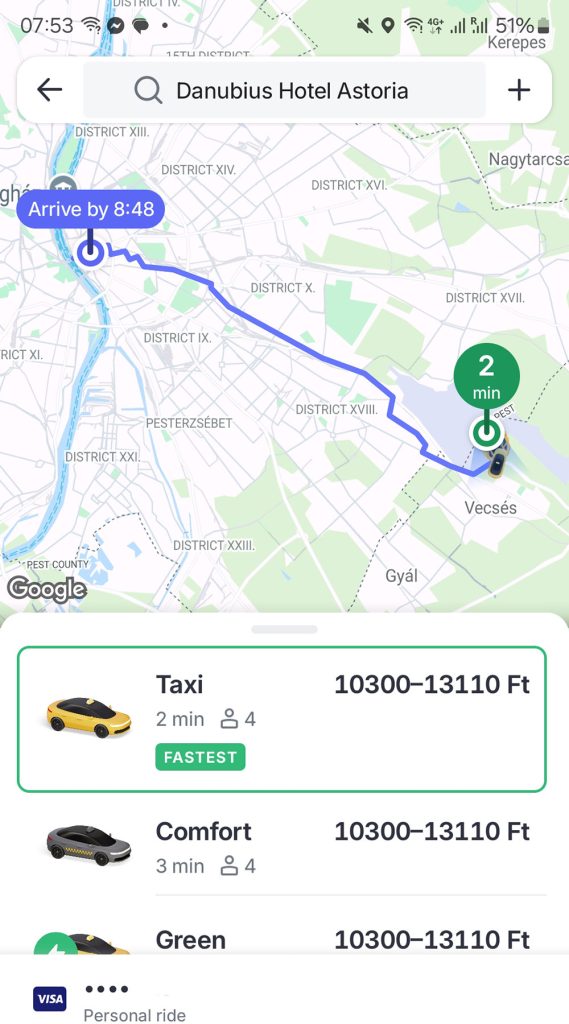 screenshot of bolt application showing the prices from Budapest airport to the city center