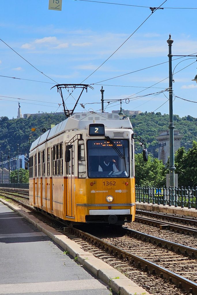 tram 2 in Budapest with bridges and the Liberty statue in the background