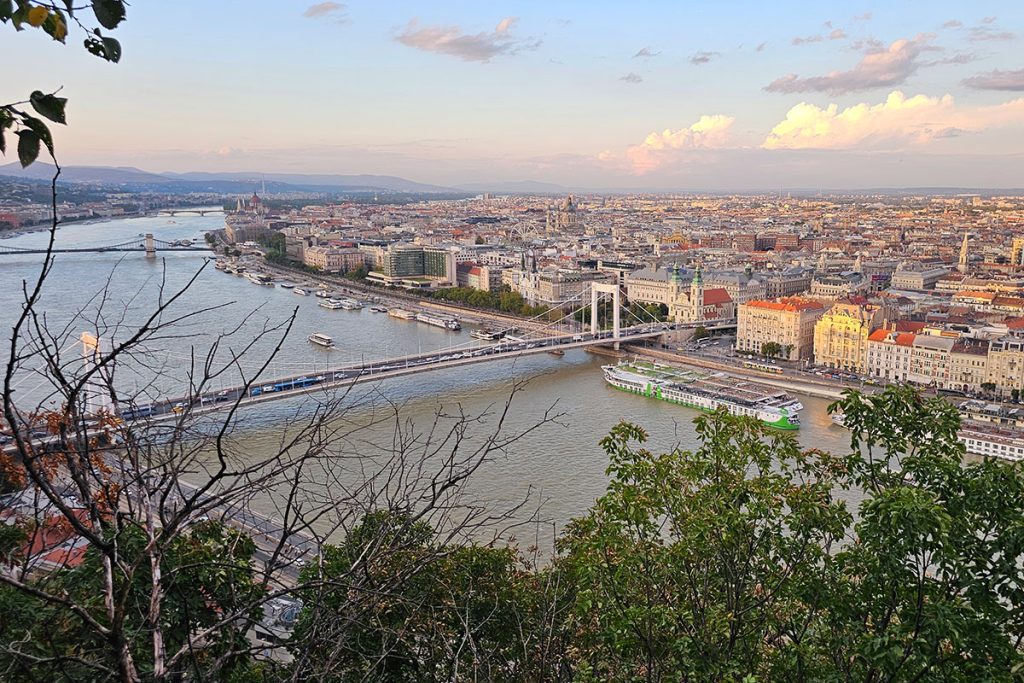 Views to the Pest side of Budapest at sunset time on a cloudy fall day