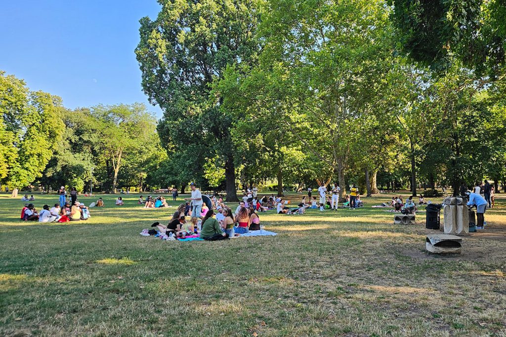 people sitting on blankets and having picnic in Budapest City Park 