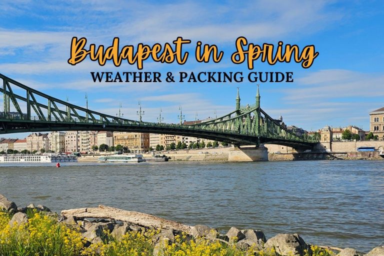 view of the Liberty Bridge in Budapest with yellow flowers next to the Danube on a sunny spring day