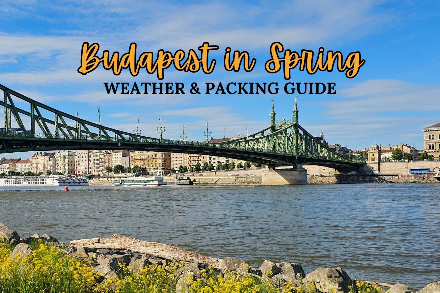 view of the Liberty Bridge in Budapest with yellow flowers next to the Danube on a sunny spring day
