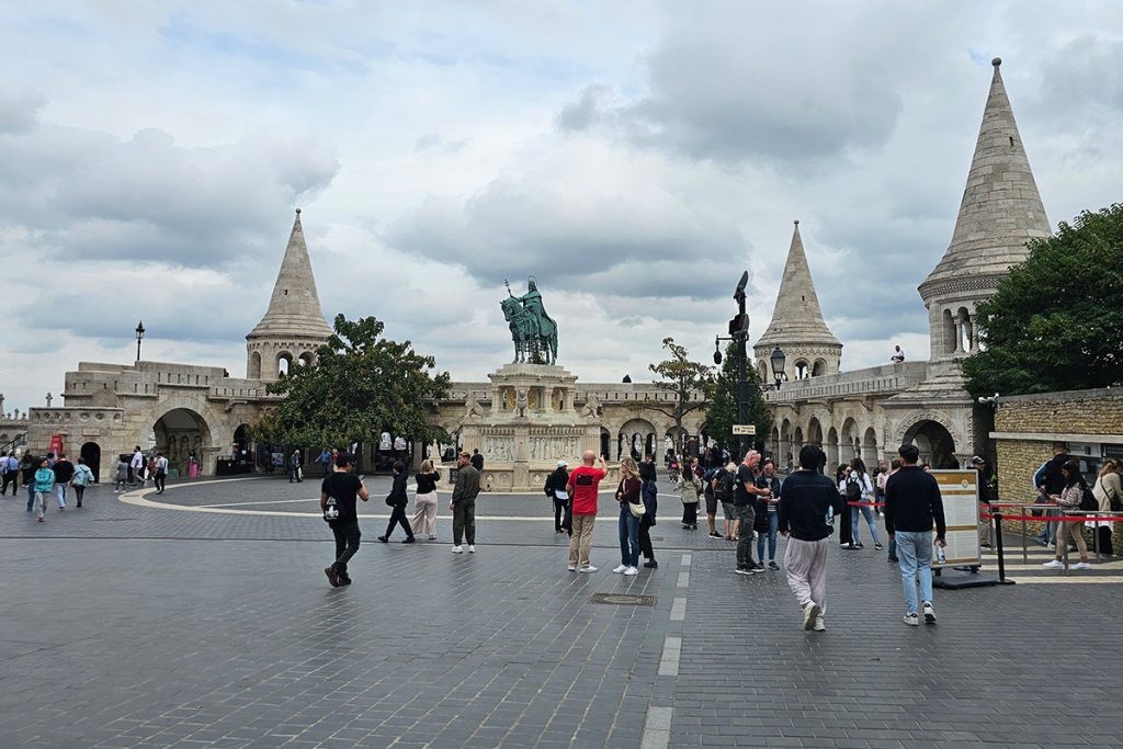 people walking around Fisherman's Bastion on a cloudy September Day