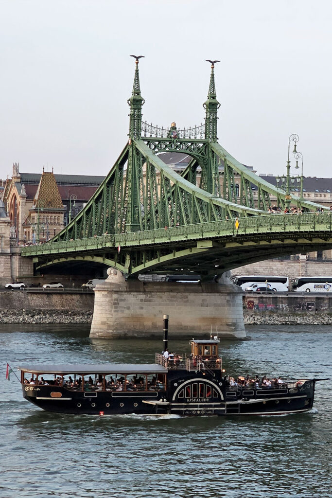 Kisfaludy paddle steamer boat in front of Liberty Bridge in Budapest