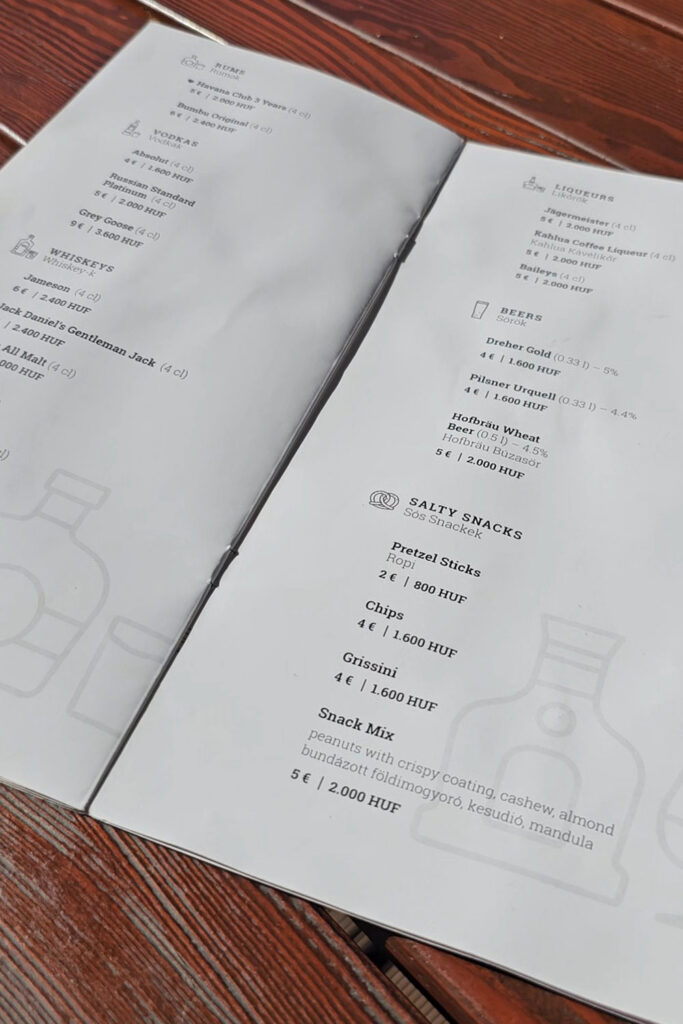 Budapest historic paddle steamer menu page