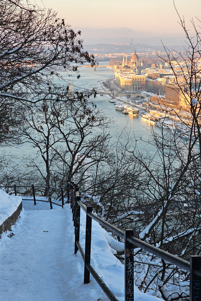 Budapest city view from Gellert Hill on a snowy but sunny winter day
